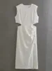 Kadın moda katı içi boş midi elbise seksi bel o yakalı kolsuz vestido 2023 Yaz Kadın Tatili Yüksek Sokak Elbise 240103