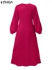 Casual Dresses Women Fashion Long Dress VONDA Elegant Lantern Sleeve Waist Lace-up Maxi Sundress Solid Bandage Satin Silk Vestidos