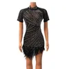 Casual Dresses Sexy See Through Mesh Diamonds Festival Mini For Women 2024 Glitter Rhinestone Tassel Bodycon Night Club Party Y2k Dress