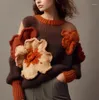 女性用セーター茶色色のニットセーターコート製品日本のレジャー柔らかく快適なかわいい花のプルオーバー