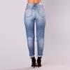 Jeans da donna per pantaloni in denim sottile a vita alta elasticizzati con nappa con foro estivo femminile