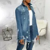 Женская джинсовая куртка, осенняя свободная пикантная женская джинсовая куртка с длинным рукавом, летняя стираная рваная модная верхняя одежда с дырками 240102