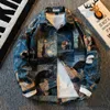 Men's Casual Shirts Men's Long-sleeved Shirt Vintage Retro Oil Painting Buttons Shirts Casual Jacket Turndown Collar Single-breasted Loose Tops