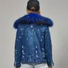 Maomaokong Autumn Winter Coat Women Denim Jacket Girl Bomber Faux Fur Tjock Foder Raccoon Big Collar 240103