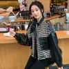 S-3XL Vestes Femmes Cuir Épissé Panneaux À Carreaux Tempérament Kpop Mode Vêtements Esthétique Ins Baggy Zip-up Vintage Streetwear 240102