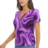 Koszulki damskie Purple marmurowy nadruk T-shirty płyn Casual Deep V Szyjka Krótkie rękaw