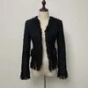 S-XL High Quality Fashion Bright Silk Woolen Tassel Lace Pocket Metal Button Women'S Jacket Coat Black 240102