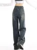 Women's Jeans Blue For Women Denim Pants Vintage Spliced Pocket Button Streetwear Fashion High Waisted Wide Leg Straight