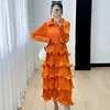 Casual Dresses Miyake Dress Women's 2024 Autumn High End Western Style Age Reducing Cake Skirt Spliced Folded Collar Mid Length