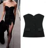 Women's Tanks Silk Satin Texture Patchwork Tight Bodice. Button Decorated Black Top. Spring/Summer Fashion Top