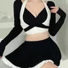 Women's Swimwear Summer Korean Version Long Sleeve Halter Off Shoulder Contrasting Colors Casual Chest Without Steel Support Swimwears