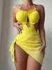 Women's Swimwear One Piece Women Solid Round Neck Hanging Lace Ruffle Bikini With Cover Up Mini Skirt Sexy Open Back Strap Beachwear