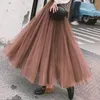 Saias Yiber 3 camadas malha longa tule saia uma linha moda cintura alta elegante coreano verão chique festa gaze tutu mulheres