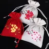 Gift Wrap Handmade Ribbon Embroidery Small Cloth Bag For Christmas Packaging Cotton Linen Jewelry Pouch Party Favor Bags 50pcs/