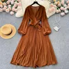 Casual Dresses Wedding Guest For Women Vintage Elegant Pleated Dress Crossover V Neck Long Sleeve Waist Tie Office Midi