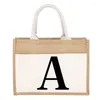 Shopping Bags Jute Handbag Linen Shoulder Sacks Women's Black Letter Print Pattern For Grocery