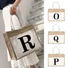 Shopping Bags Jute Handbag Linen Shoulder Sacks Women's Black Letter Print Pattern For Grocery