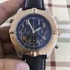 46mm Mannelijke Horloge Quartz Chronograaf Mannen horloge Goud Zwart Blauw Lederen Roestvrij Stalen Band Saffier Kristal Waterproof163L