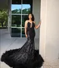 Sparkly African Trumpet Evening Formella klänningar Luxury Diamond Sequins Tassel Ruffles Black Girl Prom Slay Gown for Women