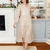 Casual Dresses Champagne Sequin Loose Dress Autumn Women V Neck Long Sleeve Pleated Elegant Ladies Sparch Bankett