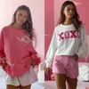 Hoodies femininos camisola de manga comprida mistura de algodão amor bordado versátil pulôver dia dos namorados