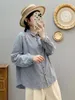 Frauen Blusen Plus Größe Baumwolle Garn Shirts Frauen Japan Stil Blau Gestreiften Damen Kleidung Tops Und
