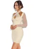 Kleid Karlofea Elfenbeinfarbenes Satin-Mesh-Langarm-Coset-Kleid Eleganter Tull Criss Cross Neckholder Schlankes, figurbetontes Club-Promi-Hochzeitsfest-Kleid