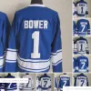 1917-1999 Filme Retro CCM Hóquei Jersey Bordado 1 Johnny Bower 7 Tim Horton Homens Vintage Jerseys Branco Azul Verde