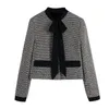 MESTTRAF Women Sexy With Bow Tied Splicing Tweed Casual Blazer Coat Vintage Long Sleeve High Street Female Outerwear 240102