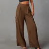 Women's Pants Wide-leg Cargo Casual Mid-rise Elastic Waist Wide Leg Trousers With Multi Pockets High For Everyday