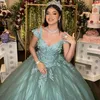 Мятно-зеленое бальное платье Quinceanera Платье с открытыми плечами и аппликациями Кружева с объемными цветами и бусинами Тюль-корсет Vestidos De 15 XV Anos