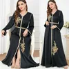 Ethnic Clothing Floral Embroidery Guipure Lace Panel Belted Dress Elegant V-nek Long Dresses Black Abaya Muslim Women Ramadan M-XXL