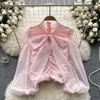 Women's Blouses MSHARBOR Sweet Bow Neck Top Court Style Sexy Pleated Sheer Bubble Sleeves Shirt Beach Holiday Ladies Chiffon Blouse