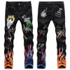 Men's European American Style High Street Stretch 3D Denim Pants Colorful Printing Skull Graffiti Drawing Jeans; 240103