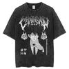 Herren T-Shirts Sommer Retro Washed Männer T-Shirts Anime Chainsaw Man Print Shirt Harajuku Casual Tees Unisex Baumwolle Kurzarm Y2K Tops