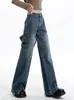 Jeans pour femmes Cargo Femmes Denim Pantalon Bleu Taille haute Streetwear Plus qu'une poche Mode Vintage Pantalon large jambe droite