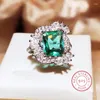 Anneaux de cluster Imitation Emerald Tourmaline Full Diamond Princess Square Ouverture Bague pour femmes 925 Bijoux en argent Cadeau d'anniversaire de mariage