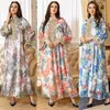 Etnik Giyim Müslüman Kadın Çiçek Baskı Abaya Uzun Kollu Maxi Elbise Dubai Kaftan Eid Parti İslami Ramazan Arap Femme Jalabiya