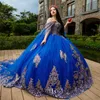 Blau Schulterfrei Ballkleid Quinceanera Kleider 2024 Süße 16 Prinzessin Applizierte Spitze Mit Cape Party Kleider Vestido De 15 Jahre