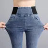 Moda coreana feminina tamanho grande jeans magros primavera outono streetwear casual calças denim bolsos elástico cintura alta lápis calças 240102