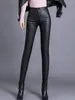 Женские брюки, черные женские брюки из искусственной кожи, осень-зима, уличная одежда в корейском стиле, тонкие брюки с высокой талией, колготки до щиколотки-карандаша