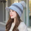 Bonnets femme lapin cheveux rayure tricoté chapeaux hiver visière chapeau épais chaud Skullies bonnets hiver chapeaux pour femmes doux Bonnet 240103