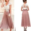 Simple Chiffon Mother Of The Bride Dresses Short Sleeve Lace Appliques Tea Length A Line Wedding Guest Dress Empire Waist Plus Size Women Formal Gown