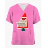 Women's T Shirts Christmas Scrubs Tops Women Uniform Santa Claus Print V-neck Healthcare Spa T-shirt Blouse