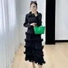 Casual Dresses Miyake Dress Women's 2024 Autumn High End Western Style Age Reducing Cake Skirt Spliced Folded Collar Mid Length