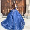 ロイヤルブルーオフショルダーボールガウンQuinceaneraドレス光沢のあるアップリケレースビーズタルコルセットスイート16 Vestidos 15 DE XV ANOS