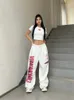 Deeptown Korean Y2K White Sweatpants Women Streetwear Kpop Letter Print Sports Pants Overized Hip Hop Wide Leg Jogging Byxor 240102