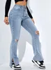 Jeans da donna con fessura per fidanzato con foro al ginocchio Pantaloni in denim elasticizzati a vita alta da donna azzurri