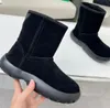 Snap ankle snow boots Sheepskin Suede leather booties winter heels warm women fashion Shoes Flats Fur on leather Round toe luxury designer factory footwear