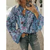 CINESSD Vrouwen Print Blouses Casual Losse Tops Stand V-hals Lange Mouwen Knop Plus Size Trui Vrouwelijke Tee Shirts blouse 240102